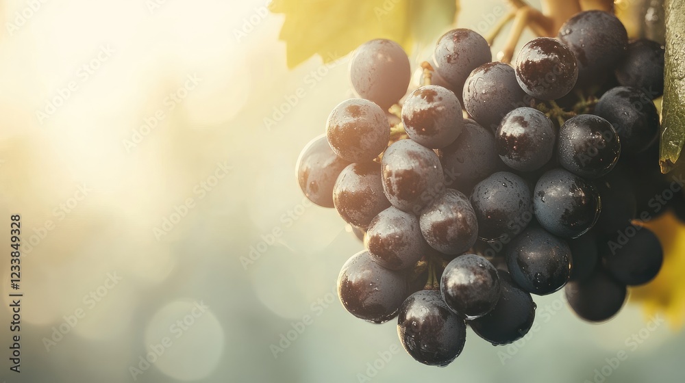 Aufkleber vibrant bunch of fresh black grapes with dew drops illuminated by soft natural light on a light back