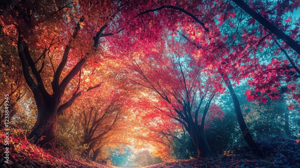 Poster dazzling autumn foliage forming a colorful tunnel through the forest with vibrant hues of red and or