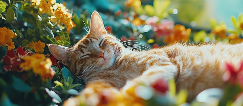 Cat resting peacefully among vibrant flowers in a sunny garden with ample space for text overlay or captions.