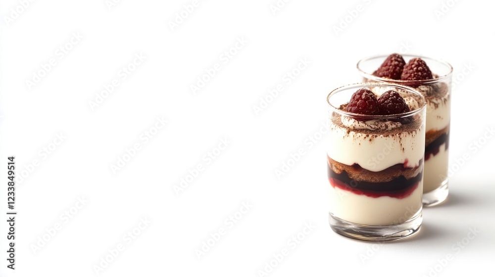 Poster traditional italian raspberry tiramisu dessert served in elegant glasses on a white background with 
