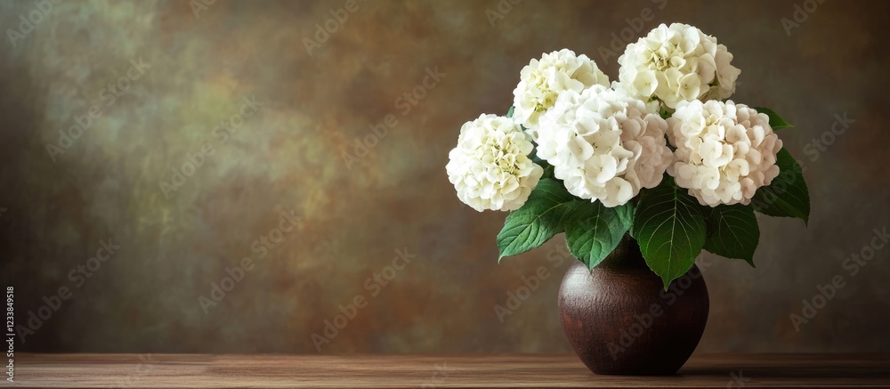Poster elegant white hydrangeas in a vase on brown table with ample empty space for custom text or design e