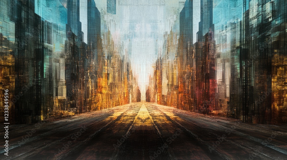 Poster Surreal Cityscape Featuring Towering Skyscrapers and an Expansive Empty Copyspace for Text