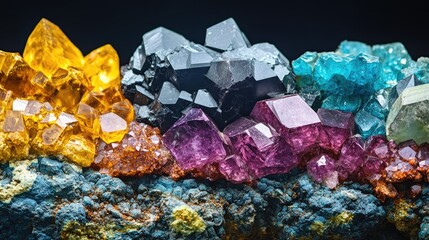 Vibrant mineral specimen arrangement showcasing various colors with space for text and creative design elements