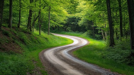 Obraz premium Winding dirt road through a vibrant green forest surrounded by lush trees and tranquil natural scenery