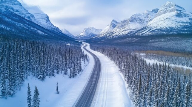 Winter road safety tips for snowy mountain trails with vast woodlands and empty space for informative text on travel hazards