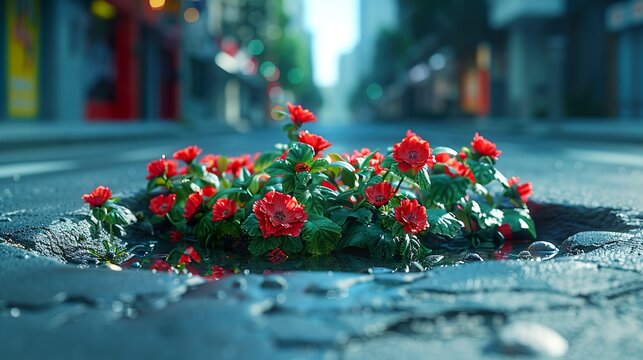 A patch of blooming flowers thriving in a pothole.  HD 8K wallpaper Photographic Image