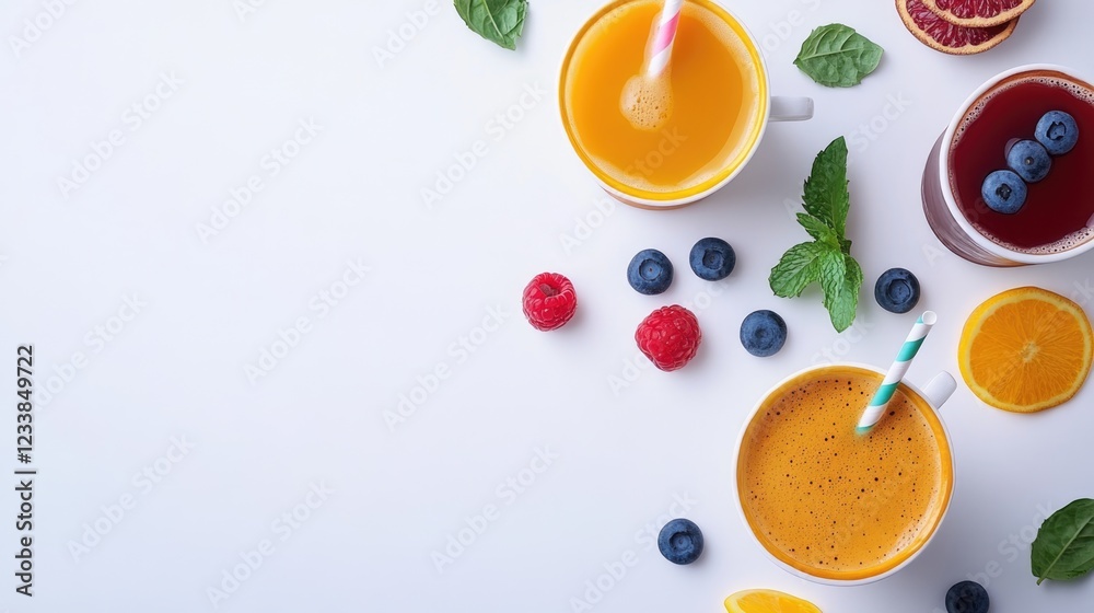 Poster colorful coffee and fruit beverages arranged on a white background with fresh ingredients and space 
