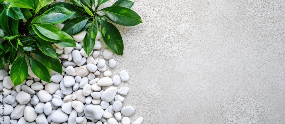Poster top view of white pebbles and green leaves on garden surface with generous empty space for custom te
