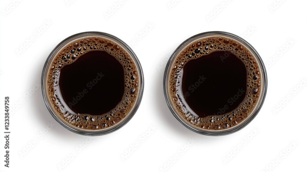 Poster Two cups of dark coffee with roasted beans on white background top view minimalistic design with ample space for text and branding