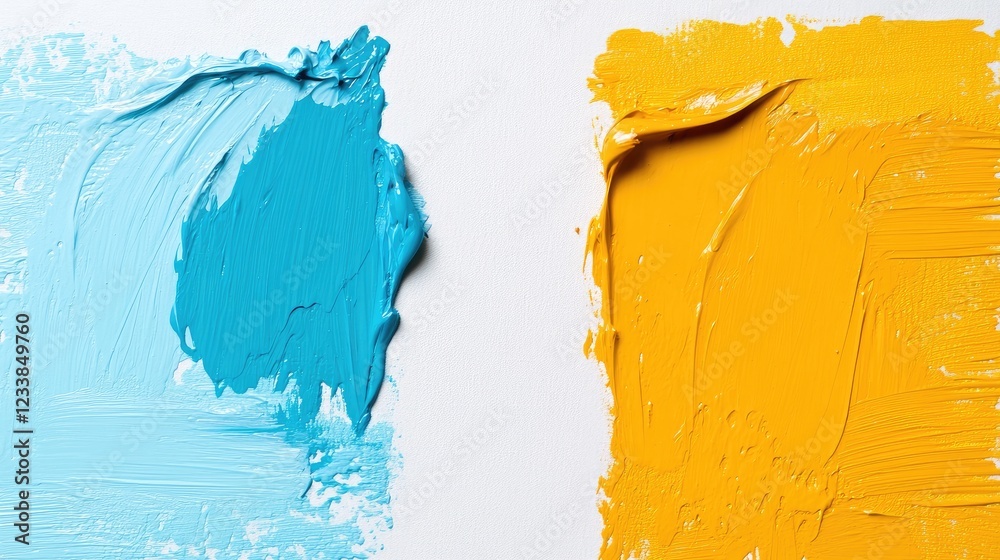Poster two distinct strokes of blue and yellow paint on a white canvas showcasing color contrast and artist