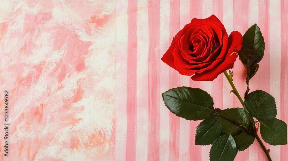 Poster vibrant red rose on pink striped background with ample empty space for text and design elements in a