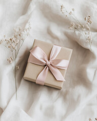 Beige Gift Box with Satin Ribbon on Soft Fabric