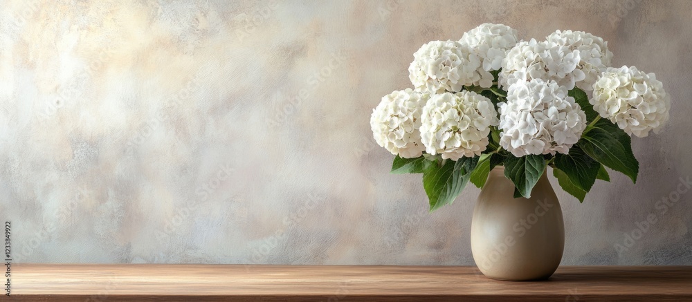 Poster white hydrangeas in elegant vase on brown table surrounded by soft neutral background with generous 
