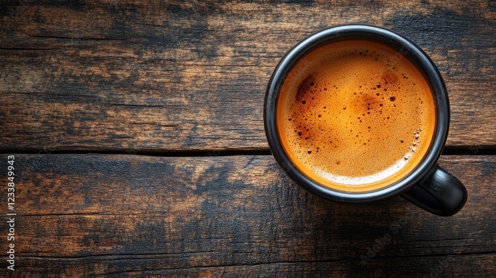 Aufkleber espresso coffee cup on rustic wooden table top view with copyspace suitable for text or advertising 