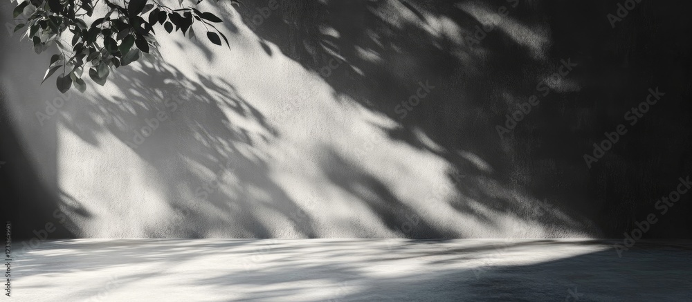 Poster interior stage showcase with black wall sheet casting tree shadow and light creating an empty space 