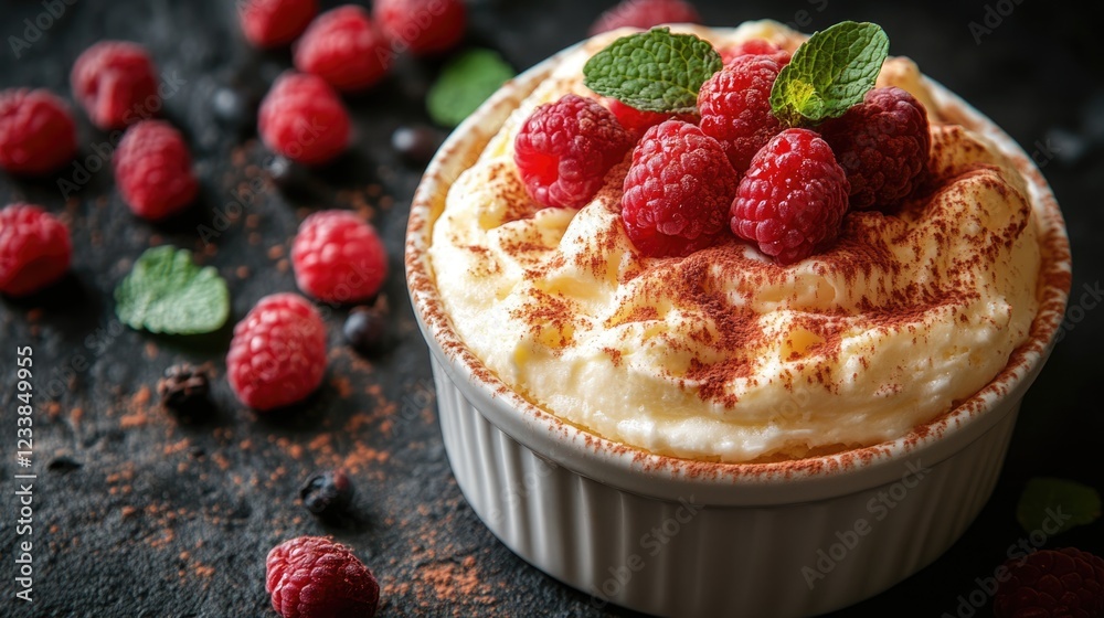 Leinwandbilder top view of delicious raspberry souffle topped with greek yogurt and fresh mint on dark background w