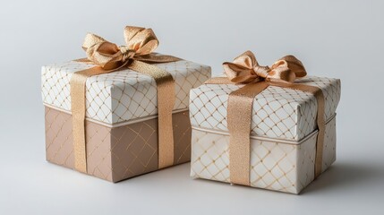 Decorative gift boxes with gold ribbon on a neutral background perfect for holiday or special occasion celebrations