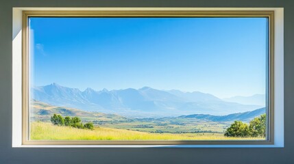 Countryside view through a window showcasing mountains and clear blue skies ideal for nature and...