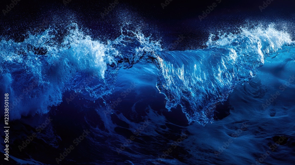 Aufkleber dynamic blue ocean waves illuminated by disco lights on a dark background with ample copy space for 