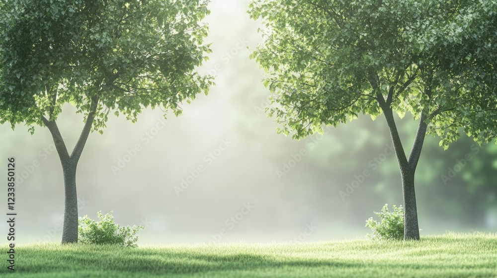 Poster serene forest landscape featuring two trees surrounded by mist at dawn with ample space for text ove
