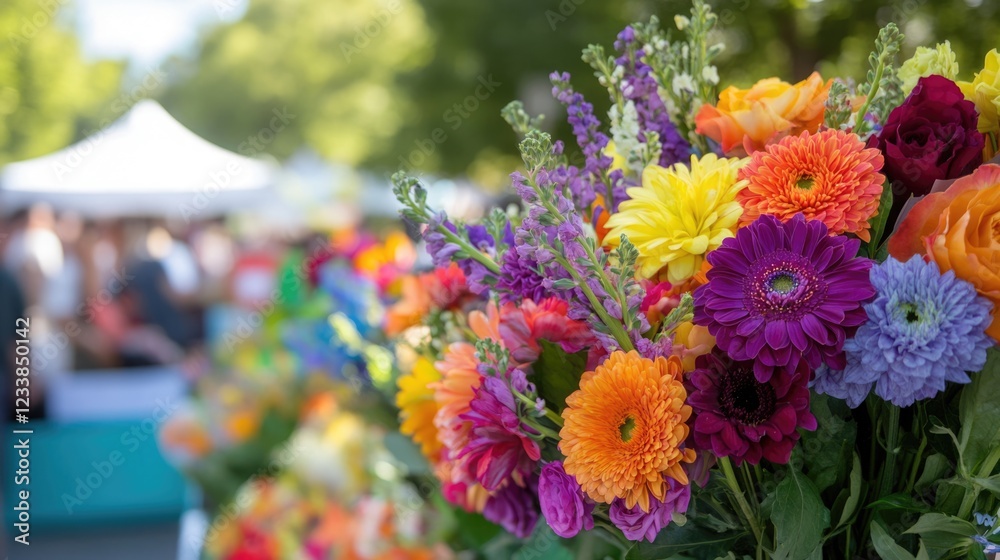 Poster vibrant colorful flower bouquets at street market with empty copyspace for text in soft focus backgr