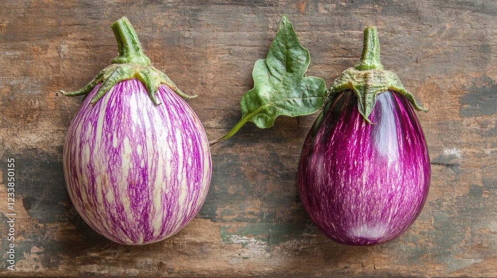 Poster two fresh eggplants of different sizes on a rustic wooden surface showcasing their vibrant colors an