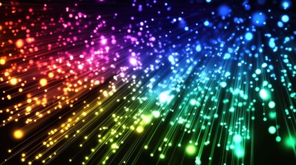 Vibrant fiber optic connections illustrating a digital network with a dark background for text placement and design elements