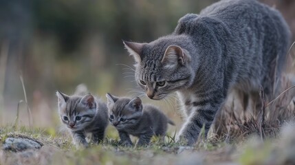 Obraz premium Wild gray cat and her playful kittens exploring nature while hunting and sniffing the ground in a picturesque outdoor setting.