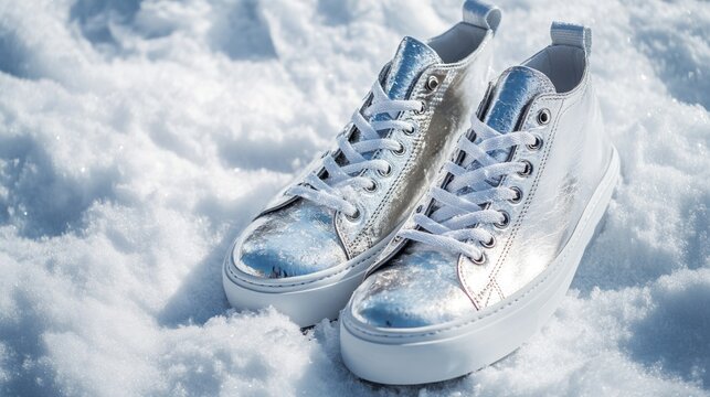 Trendy silver vegan leather sneakers displayed on artificial snow with copyspace for creative text and marketing purposes.