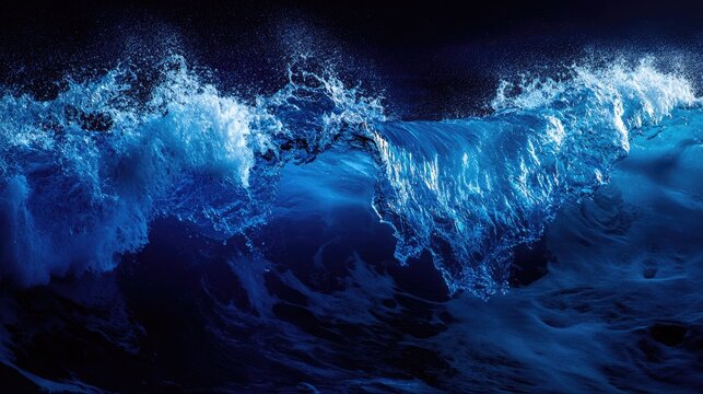 Dynamic Blue Ocean Waves Illuminated by Disco Lights on a Dark Background with Ample Copy Space for Text or Branding