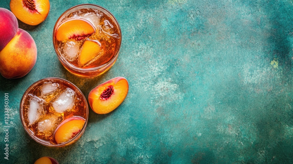 Poster Sliced peach whiskey mocktail overhead on teal surface with ice and fresh fruit for refreshing summer drink advertisements