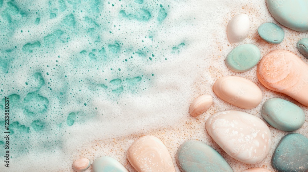 Aufkleber tranquil beach with pastel stones and foamy waves creating a serene landscape for text overlay and r
