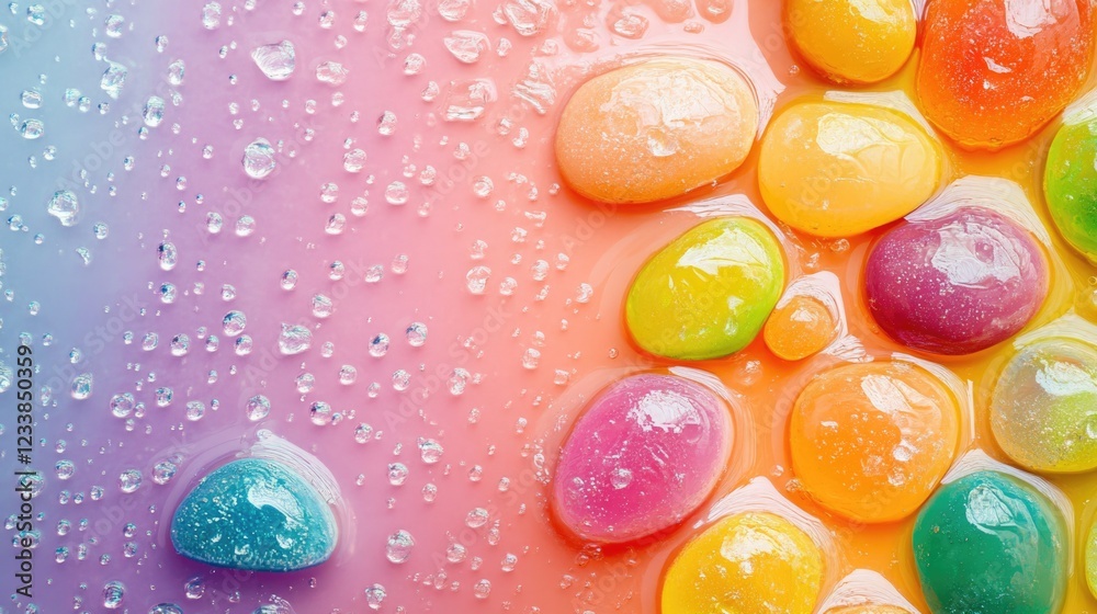 Poster Vibrant and Colorful Pebbles with Water Droplets on a Gradient Background for Text Overlay or Graphic Design Use