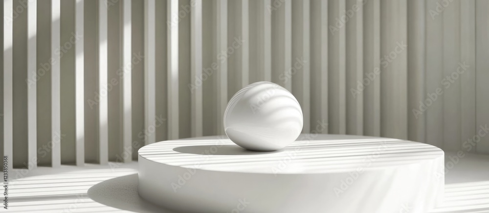 Poster minimalist white object displayed on a circular podium in bright interior setting with ample negativ