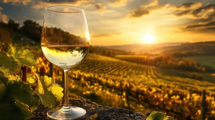 Vibrant sunset over vineyard with wine glass in foreground showcasing tranquil countryside and space for personalized text or branding.