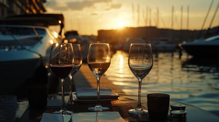 Obraz premium Elegant Wine Glasses at Sunset Over Serene Marina with Copy Space for Text on Table Setting