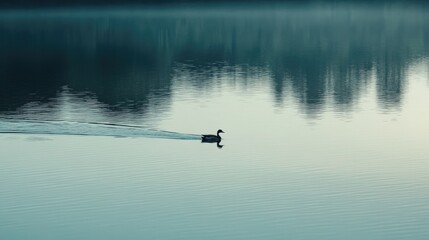 Duck Swimming Peacefully Across a Tranquil Lake Reflected in Soft Morning Light