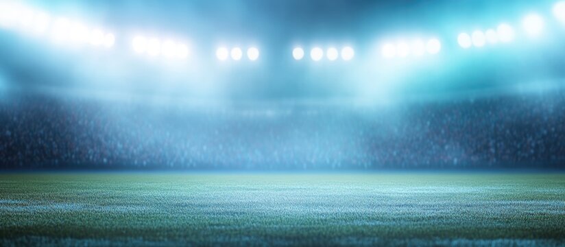 Vibrant soccer stadium illuminated by bright lights with cheering fans and ample space for customized text or promotional messages