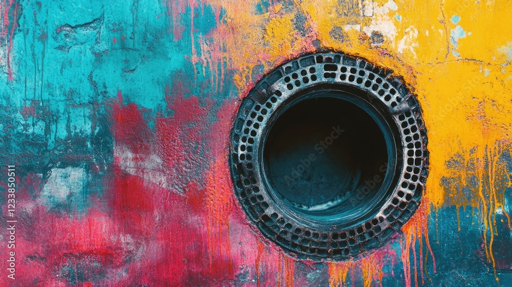 Poster Colorful drain against vibrant textured background featuring digital elements and ample copyspace for creative text use