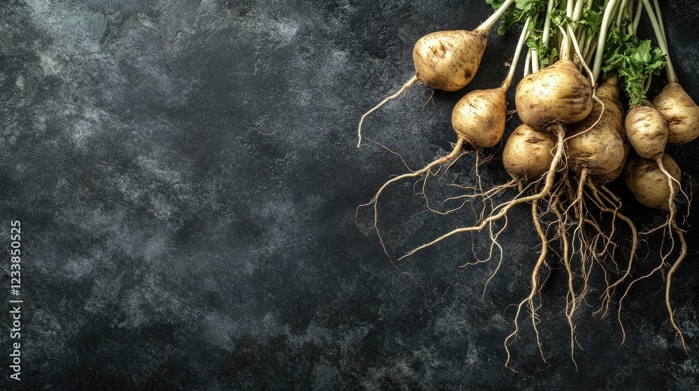 Aufkleber Rustic potato roots arrangement on a dark textured background with ample space for overlay text and design elements.