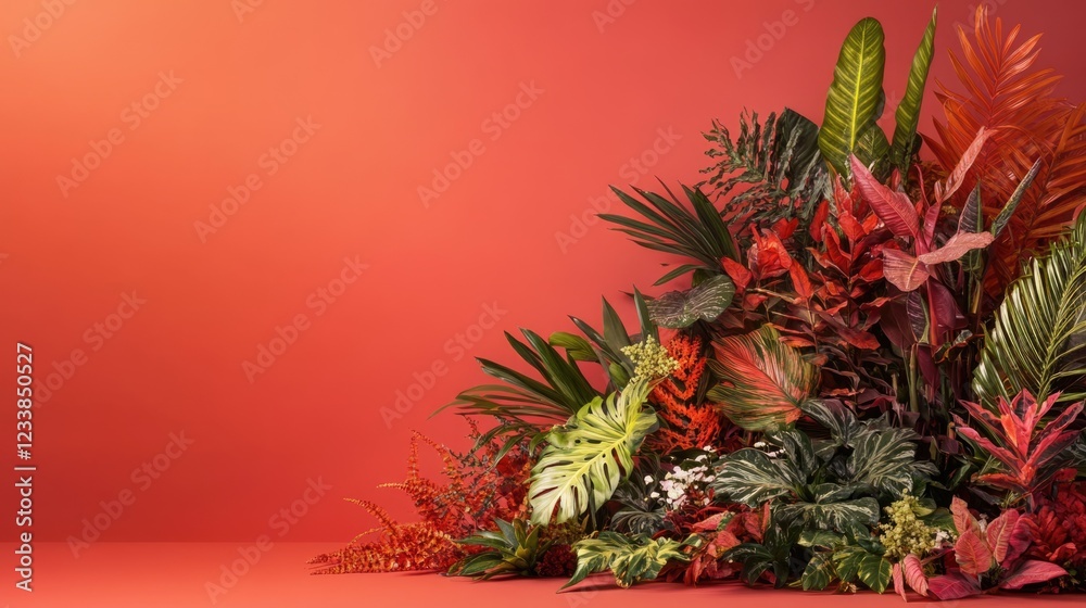 Leinwandbilder aesthetic display of diverse exotic houseplants against bold red background with generous copyspace 