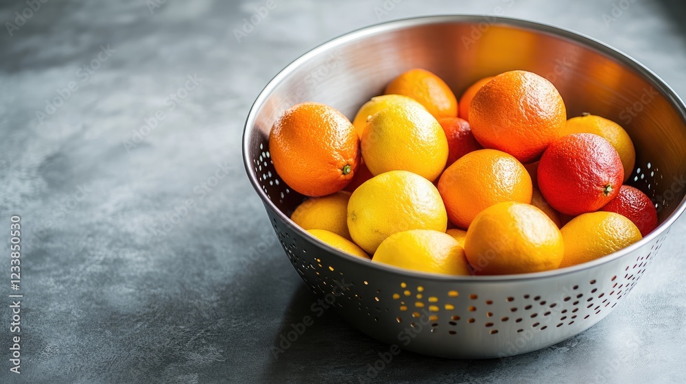 Aufkleber fresh and colorful citrus fruits in a silver mixing bowl on a gray background with copy space