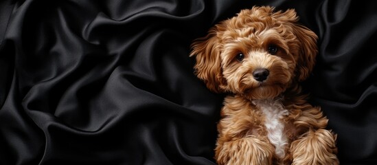 Cavapoo dog relaxing on black fabric surface with ample space for text ideal for advertising or creative projects