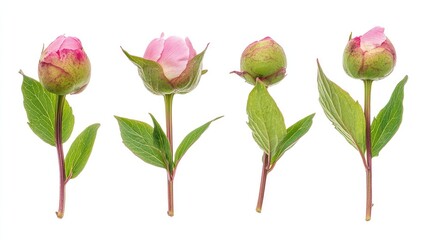 Pink peony buds with green leaves arranged artistically on a white background showcasing their natural beauty and delicate features.