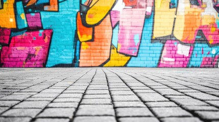 Fototapeta premium Colorful Urban Mural on Brick Wall with Paved Ground and Blank Area for Text Overlay