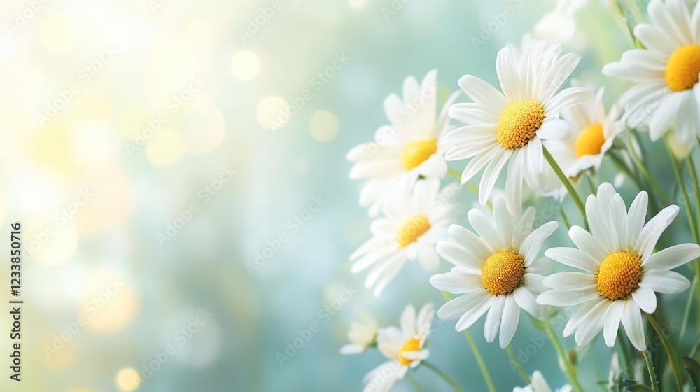 Poster colorful daisies in sunlit garden with soft background creating ideal space for text or quotes
