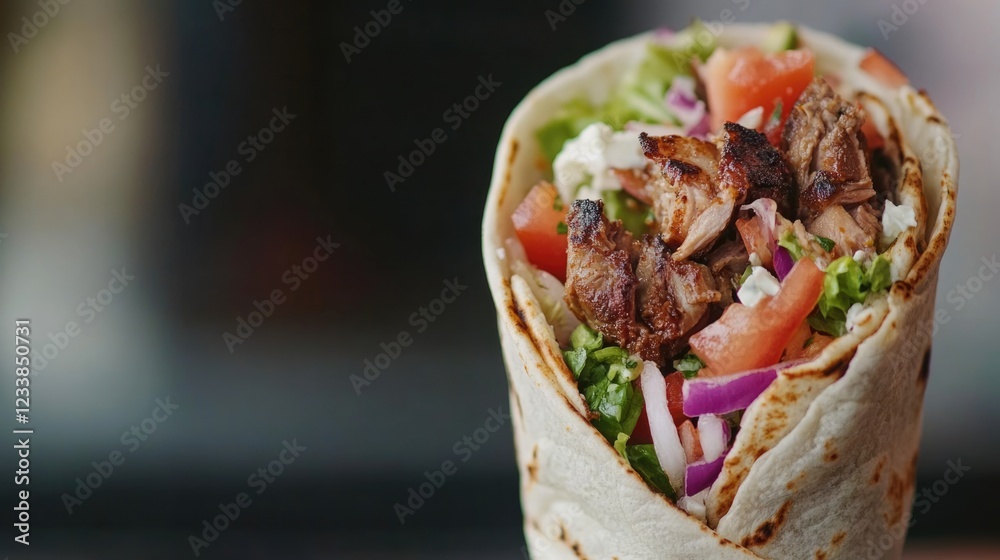 Poster Traditional pork gyros wrap filled with fresh salads on a blurred background featuring empty space for text or branding.