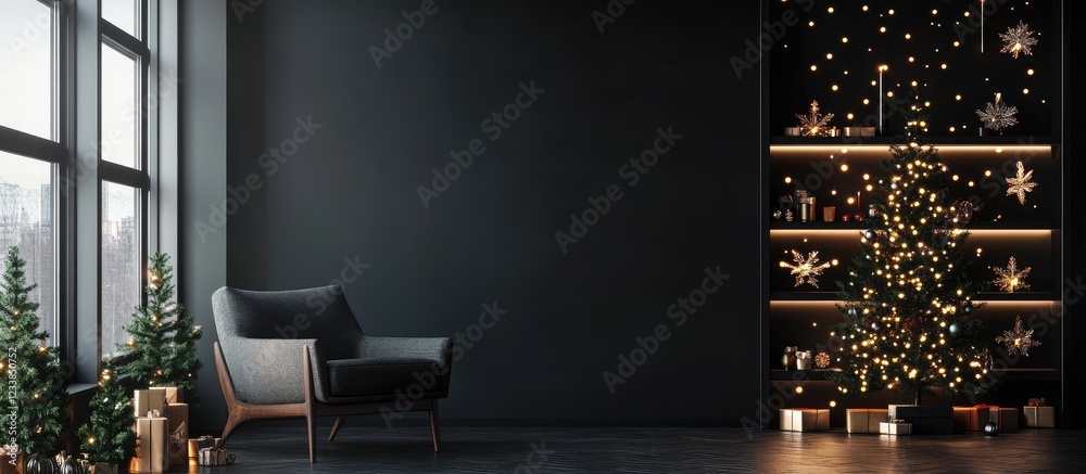 Poster cozy black room with christmas lights and festive decorations creating a warm holiday atmosphere moc