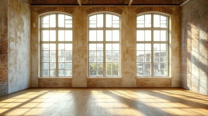 Spacious room with large windows showcasing natural light and rustic walls enhancing the ambiance of the interior design.