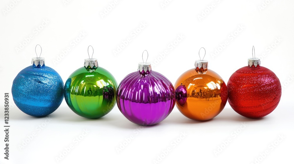 Aufkleber colorful christmas tree ornaments in a row with reflective surfaces and bright sparkling finish read